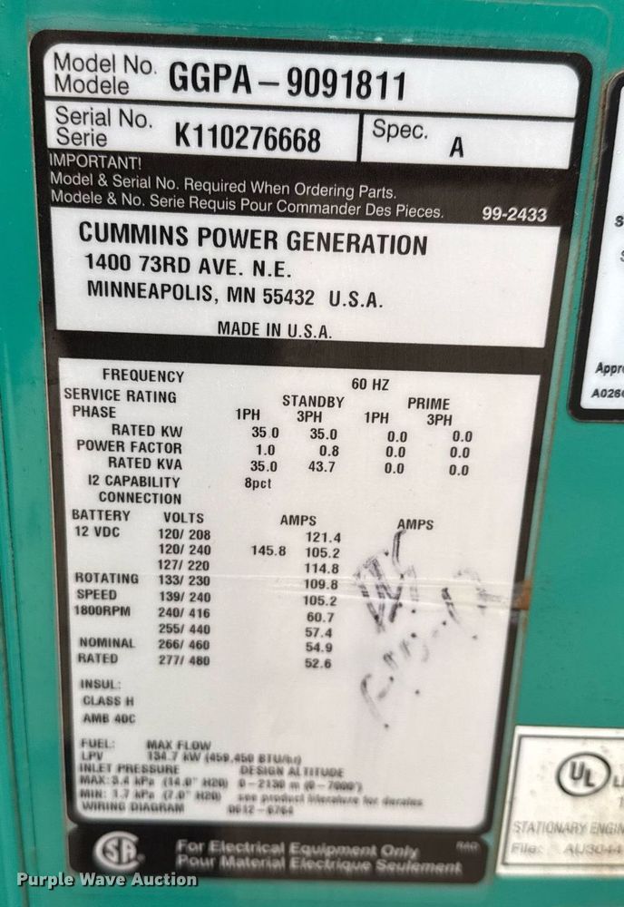 image for item LH9516 2011 Onan GGPA-9091811 generator