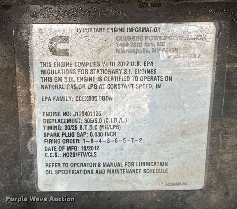 image for item LH9517 2012 Onan GGPA-1213364 generator