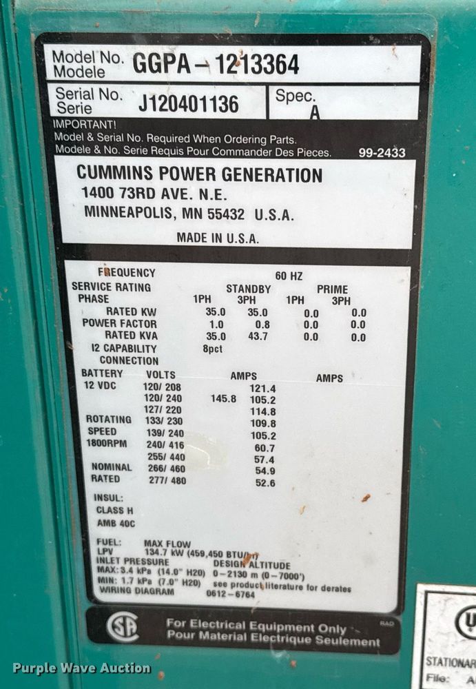 image for item LH9517 2012 Onan GGPA-1213364 generator