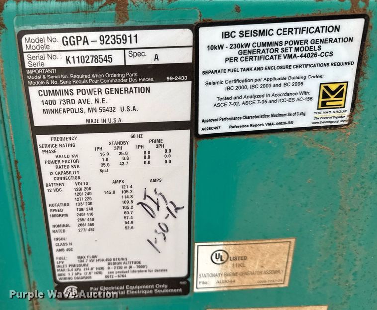 image for item LH9518 2011 Onan GGPA-9235911 generator