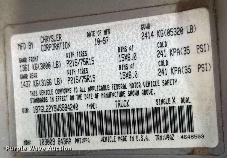 image for item LH9532 1998 Dodge Dakota SLT Club Cab pickup truck