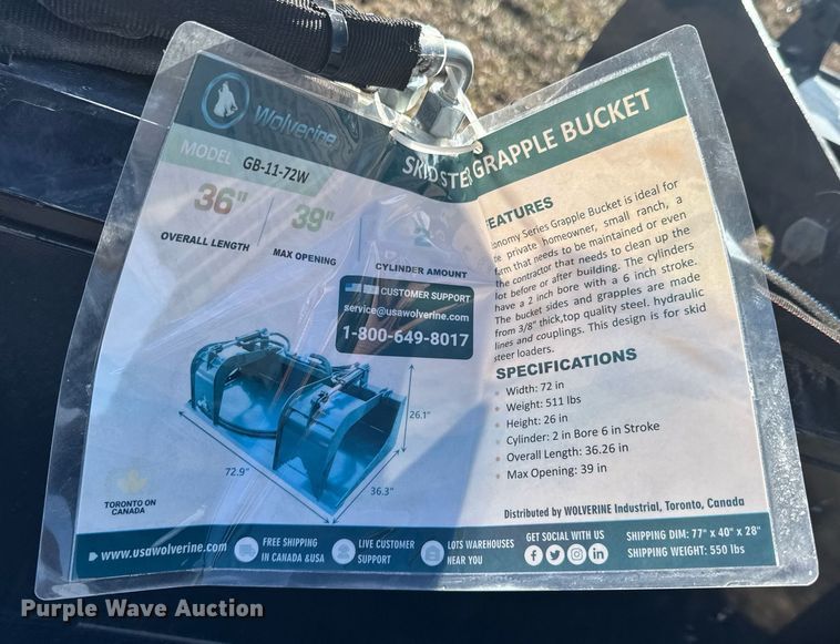 image for item DO0347 2023 Wolverine GB-11-72W skid steer grapple bucket