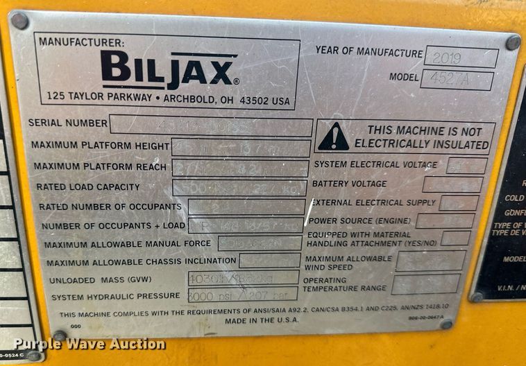 image for item DQ6616 2019 Biljax 4527A boom lift