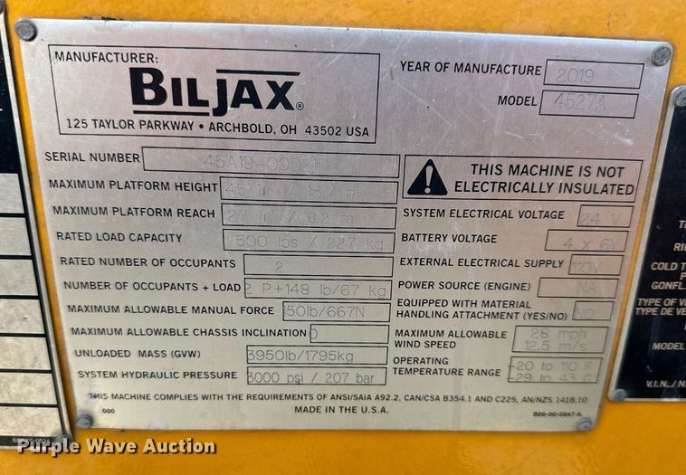 image for item DQ6617 2019 Biljax 4527A boom lift