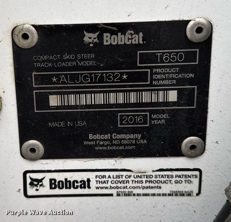 image for item DT0517 2016 Bobcat T650 tracked skid steer loader