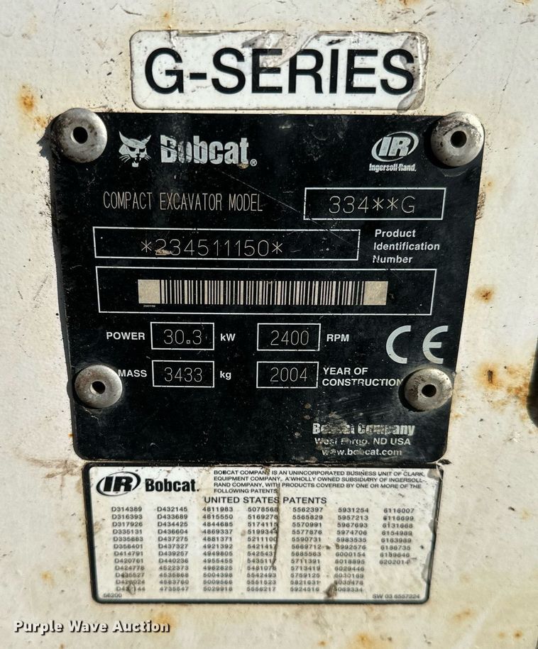 image for item DV0579 2004 Bobcat 334 G mini excavator