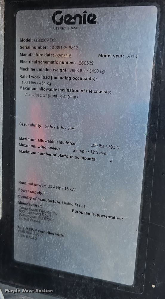 image for item DW3153 2016 Genie GS3369 DC scissor lift