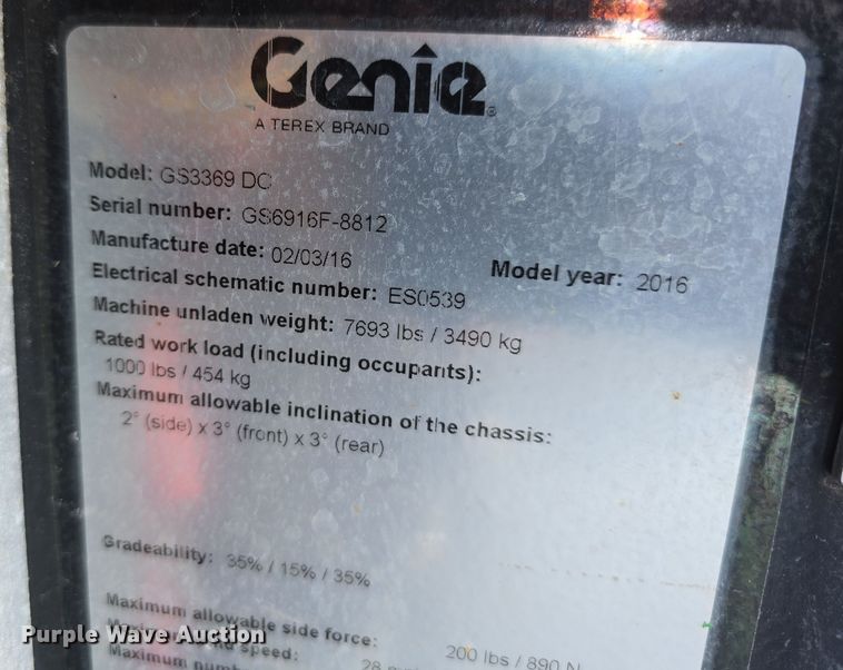 image for item DW3153 2016 Genie GS3369 DC scissor lift