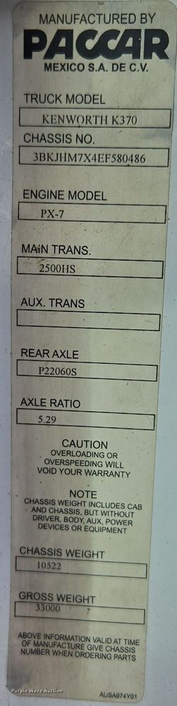 image for item EC3455 2014 Kenworth K370 dump truck