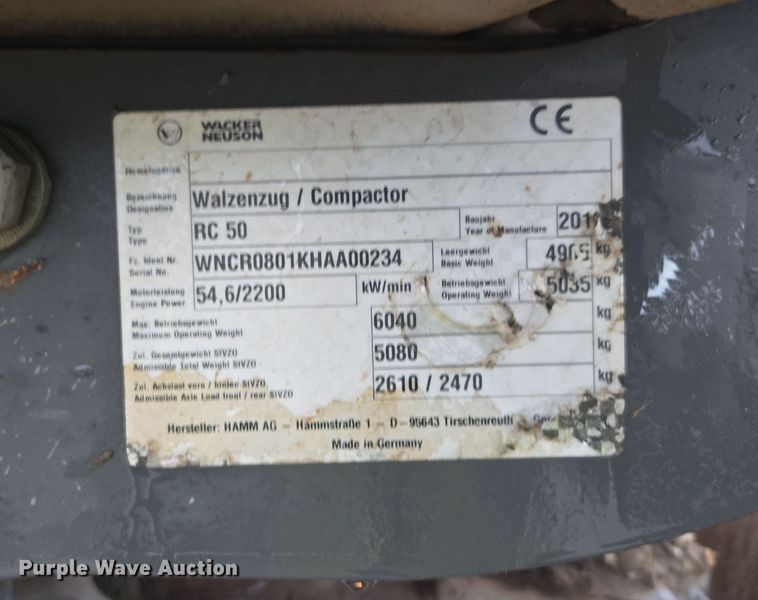 image for item EC3463 2018 Wacker Neuson RC50 single drum vibratory roller