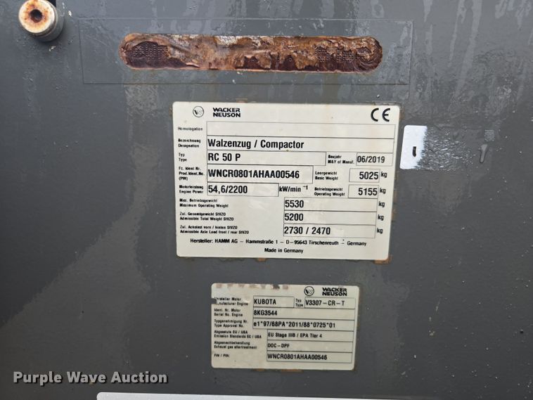 image for item EC3465 2019 Wacker Neuson RC50 single drum vibratory roller