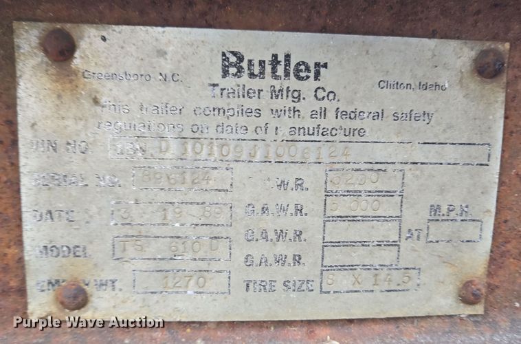 image for item EC4000 1989 Butler TS 610D utility trailer