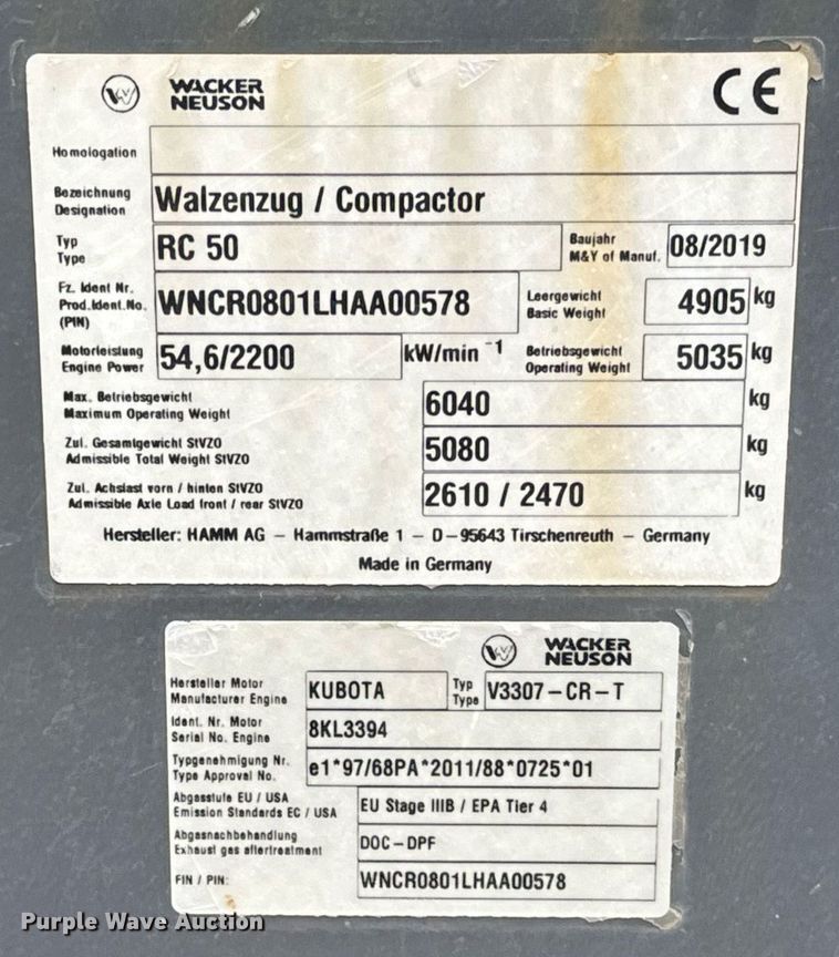 image for item ED5487 2019 Wacker Neuson RC50 single drum vibratory roller