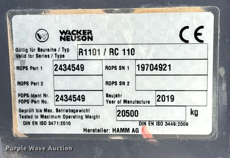 image for item ED5490 2019 Wacker Neuson RC110 single drum vibratory roller