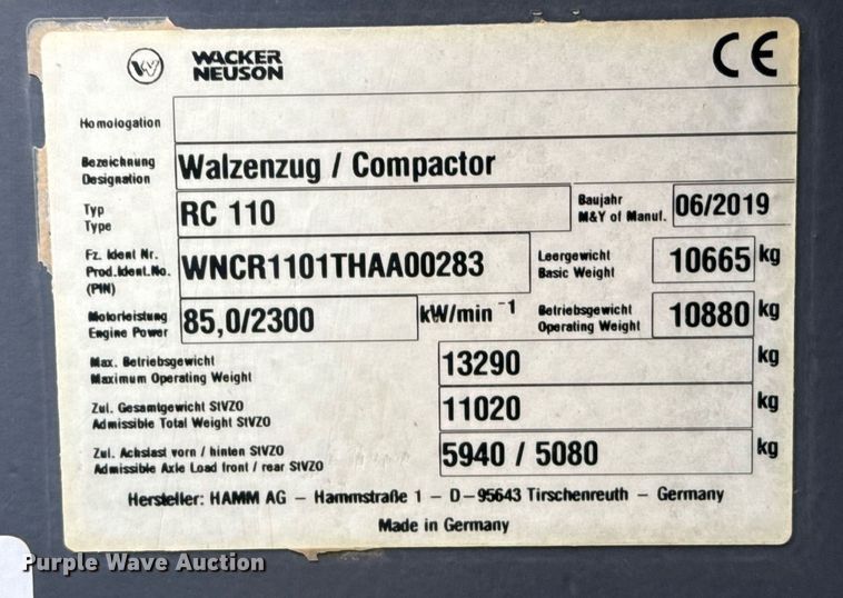 image for item ED5490 2019 Wacker Neuson RC110 single drum vibratory roller