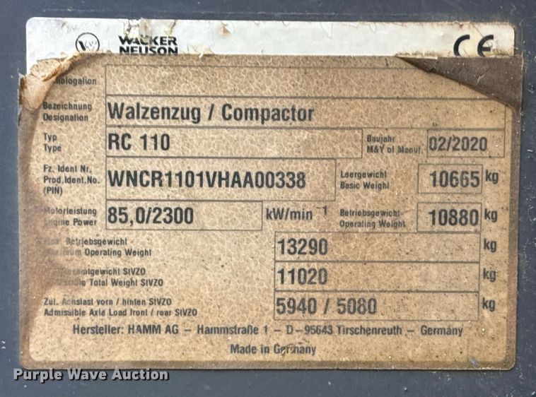 image for item ED5491 2020 Wacker Neuson RC110 single drum vibratory roller