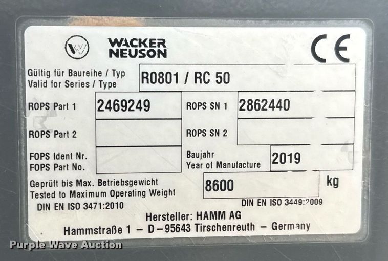 image for item ED5492 2019 Wacker Neuson RC50 single drum vibratory roller