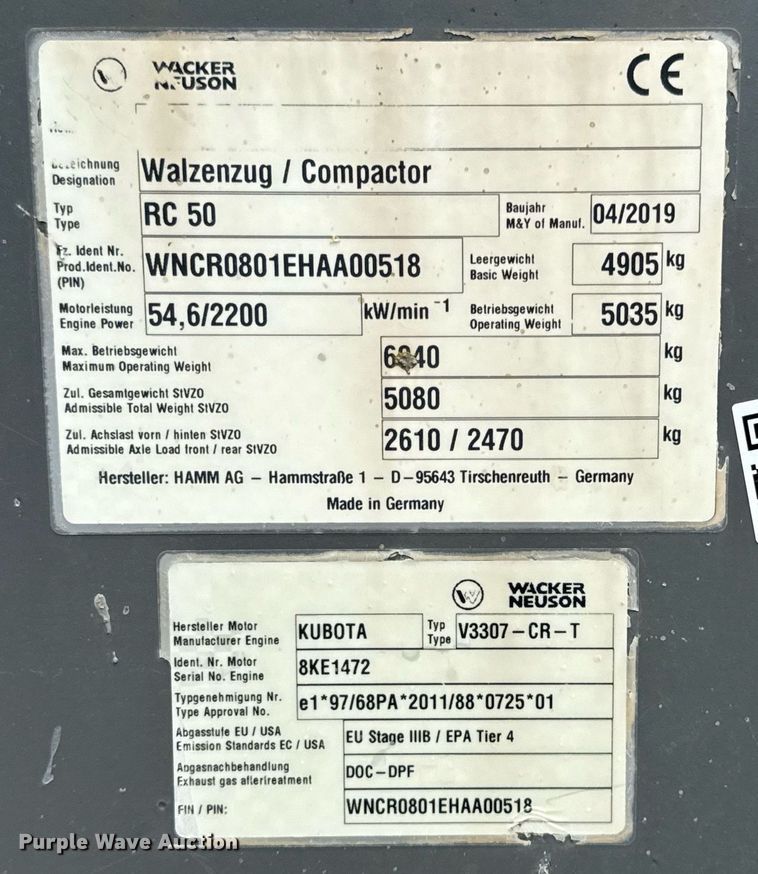 image for item ED5492 2019 Wacker Neuson RC50 single drum vibratory roller