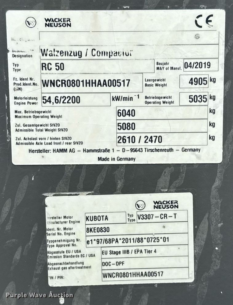 image for item ED5493 2019 Wacker Neuson RC50 single drum vibratory roller