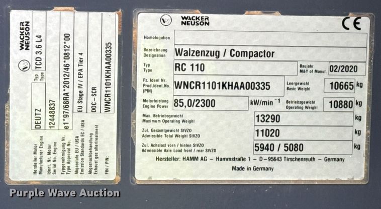 image for item ED5496 2020 Wacker Neuson RC110 single drum vibratory roller