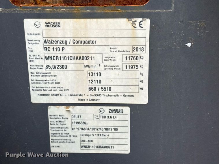 image for item ED5497 2018 Wacker Neuson RC110P single drum vibratory roller