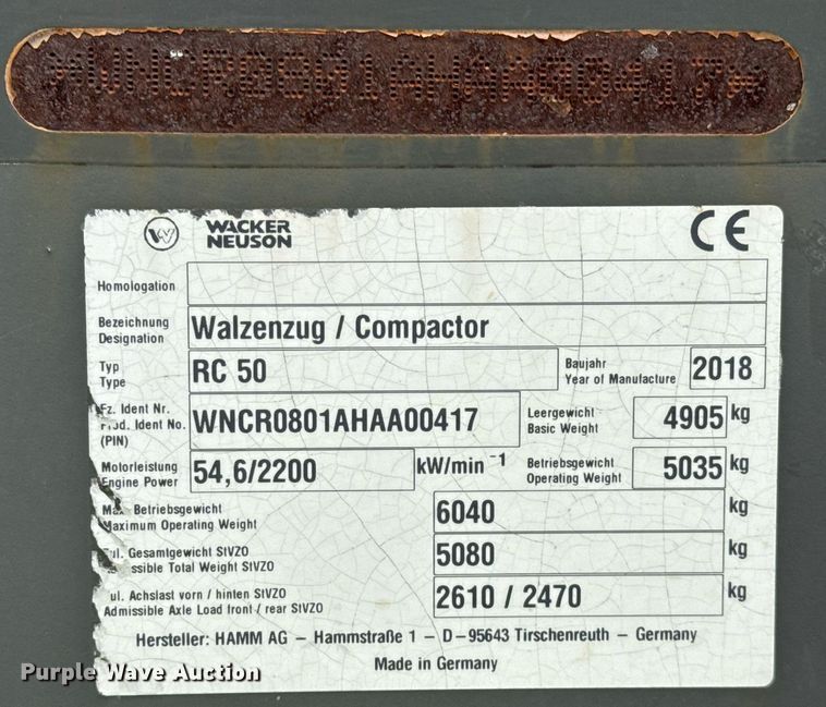 image for item ED5498 2018 Wacker Neuson RC50 single drum vibratory roller