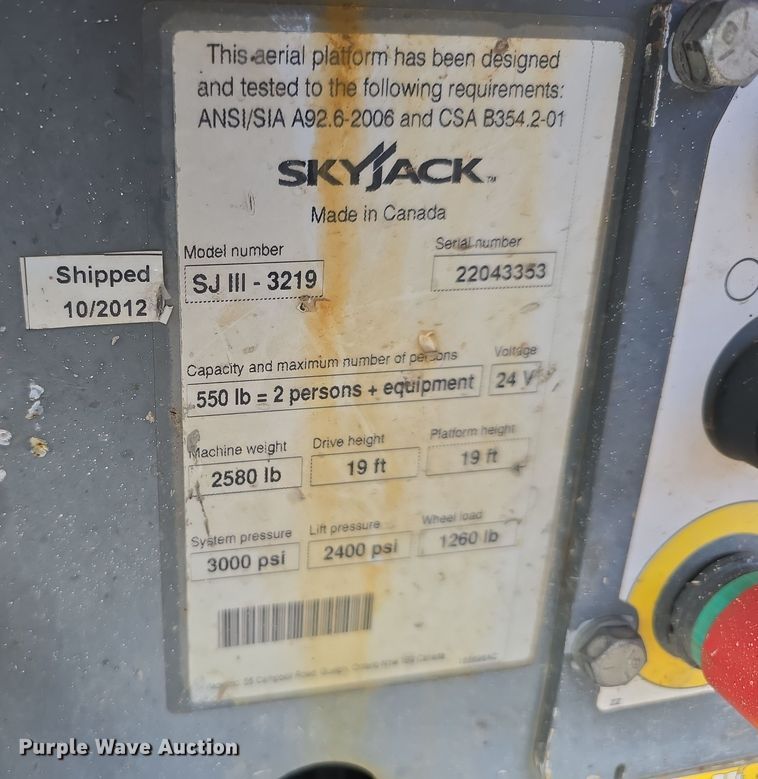image for item EH8639 2012 SkyJack SJIII 3219 scissor lift