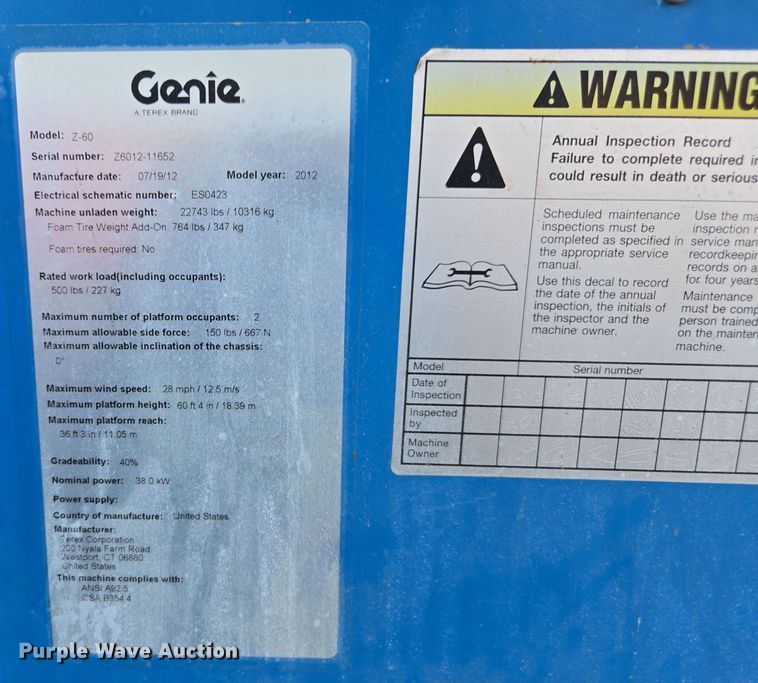 image for item EI4150 2012 Genie Z-60/34 boom lift