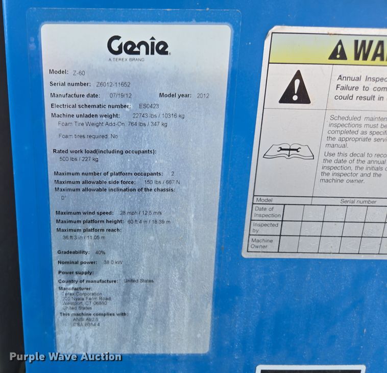 image for item EI4150 2012 Genie Z-60/34 boom lift