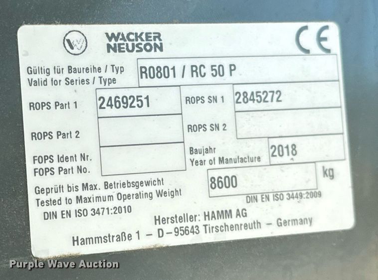 image for item EJ3390 2018 Wacker Neuson RC50P single drum vibratory roller