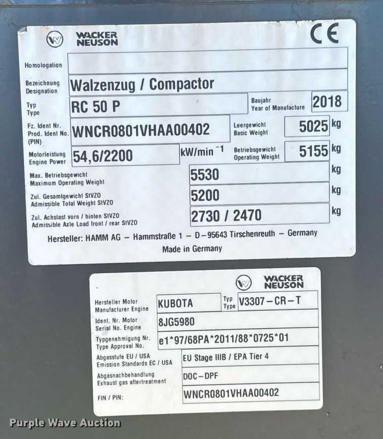 image for item EJ3390 2018 Wacker Neuson RC50P single drum vibratory roller