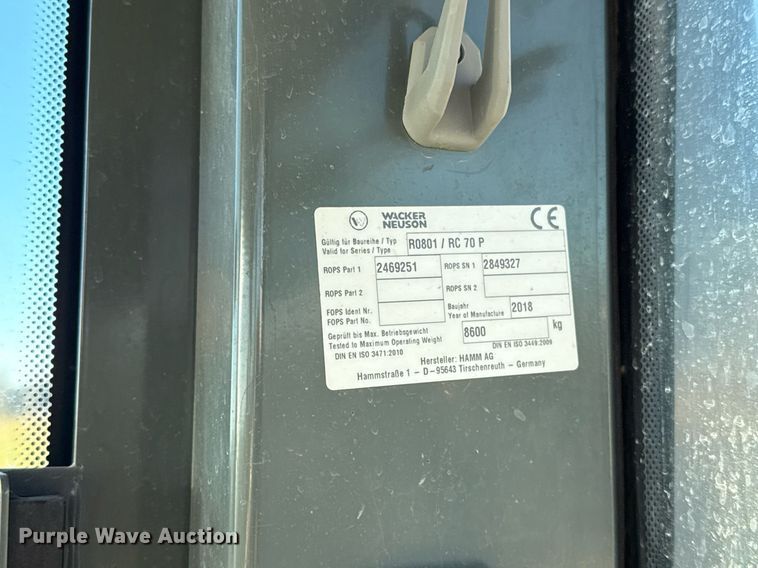 image for item EJ3400 2018 Wacker Neuson RC70P single drum vibratory roller