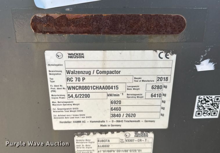 image for item EJ3400 2018 Wacker Neuson RC70P single drum vibratory roller