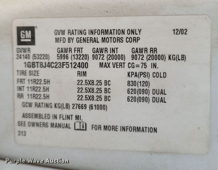 image for item EJ5367 2003 Chevrolet C8500 dump truck