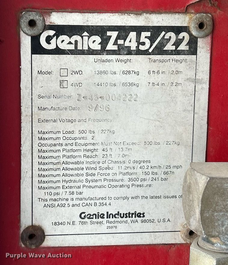 image for item EK2665 1996 Genie Z-45/22 boom lift