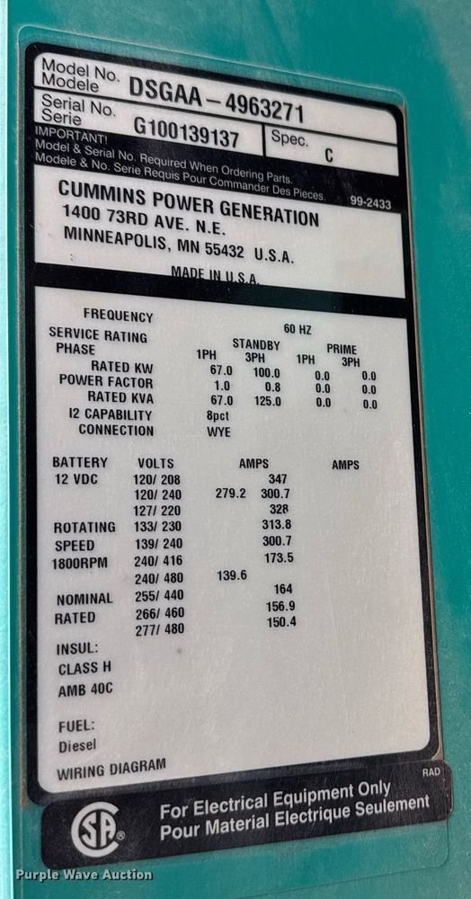 image for item EQ1025 2010 Cummins Power Generation DSGAA-4963271 generator