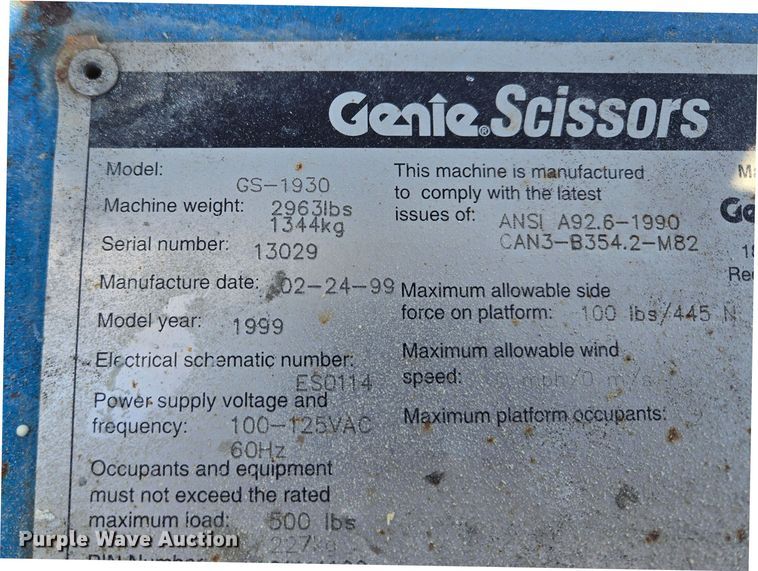 image for item EQ6586 1999 Genie GS-1930 scissor lift