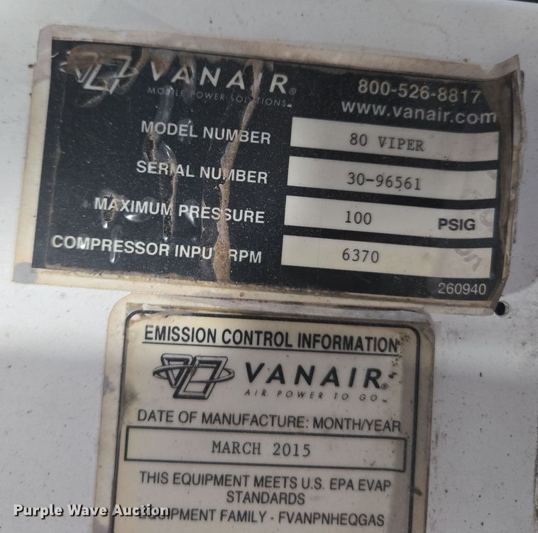 image for item ER5144 2015 Vanair 80 Viper air compressor