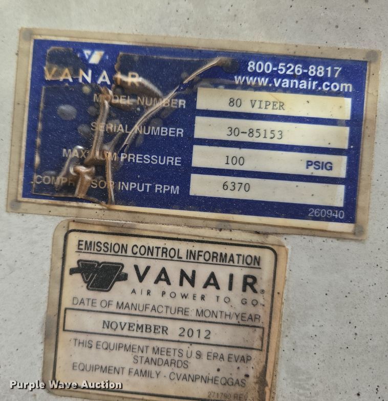 image for item ER5145 2012 Vanair 80 Viper air compressor