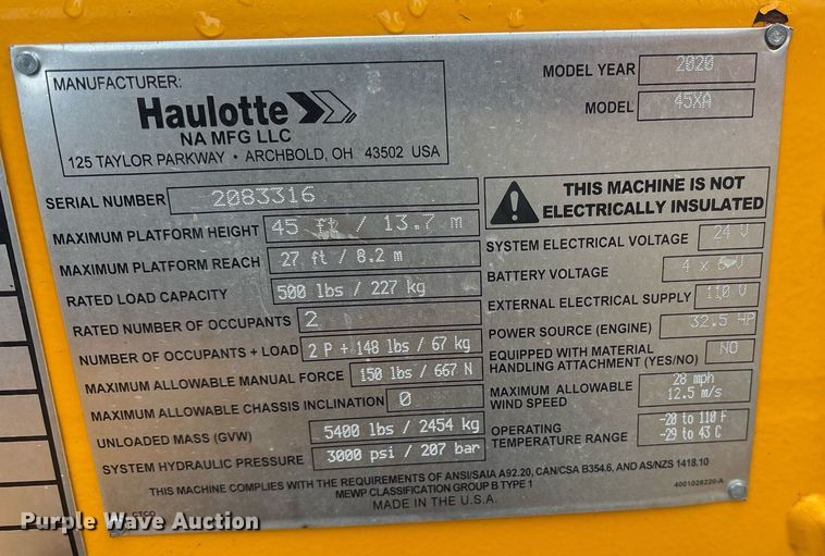 image for item EY9893 2020 Haulotte 45XA boom lift