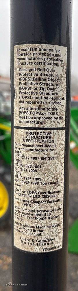 image for item EY9894 2015 John Deere 26G mini excavator