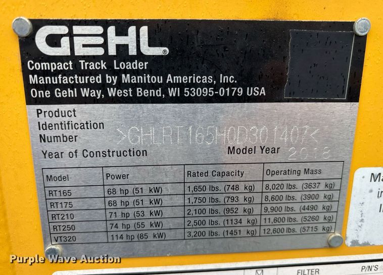 image for item EY9896 2018 Gehl RT165 tracked skid steer loader