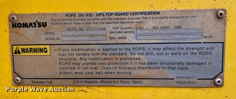 image for item LH9521 2015 Komatsu PC290LC-11 excavator