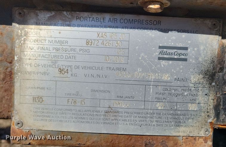 image for item NB9806 2012 Atlas Copco XAS185 air compressor