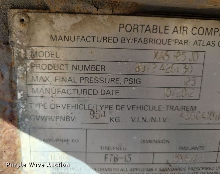 image for item NB9806 2012 Atlas Copco XAS185 air compressor