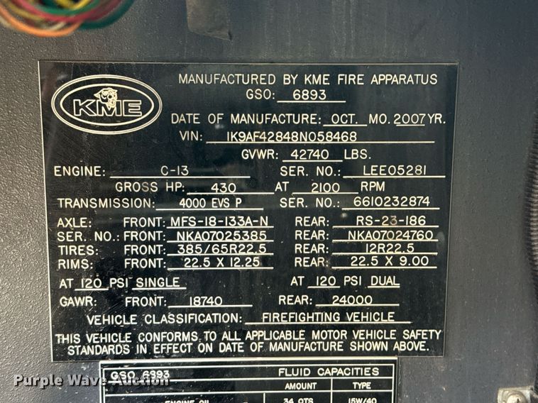 image for item DO0375 2008 Kovatech Mobile Equipment KME Predator pumper fire truck