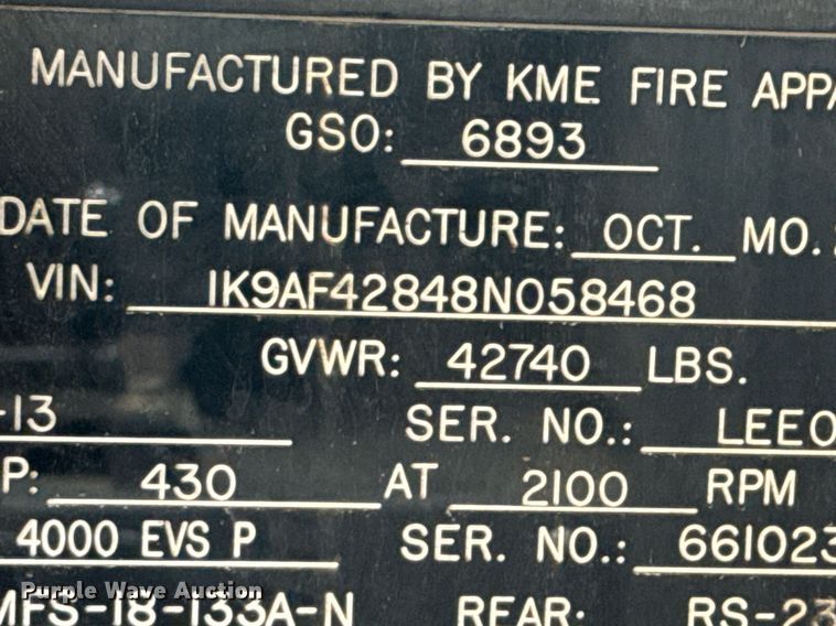 image for item DO0375 2008 Kovatech Mobile Equipment KME Predator pumper fire truck