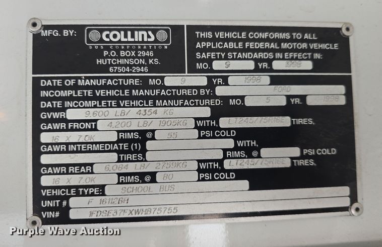 image for item DO7775 1998 Ford E350 school bus