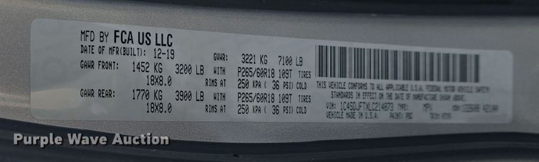 image for item DO7795 2020 Dodge Durango SSV SUV