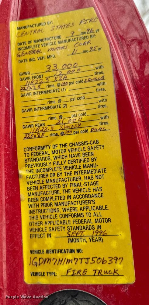 image for item DT0579 1996 GMC Topkick pumper fire truck